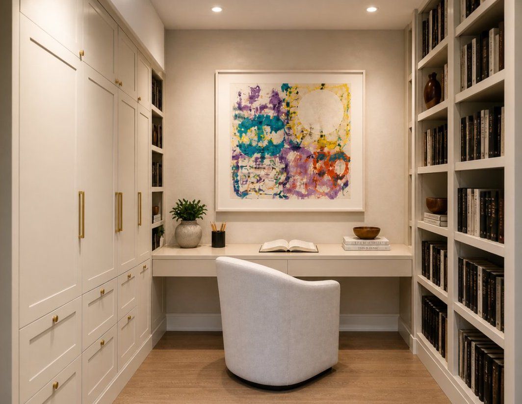 Den mock-up with a desk between closets and bookshelves