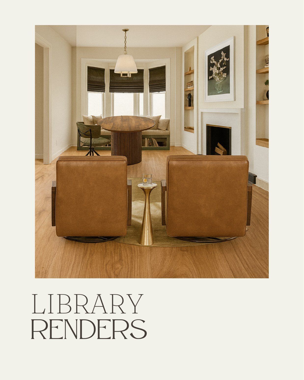 Library render with built-in shelving