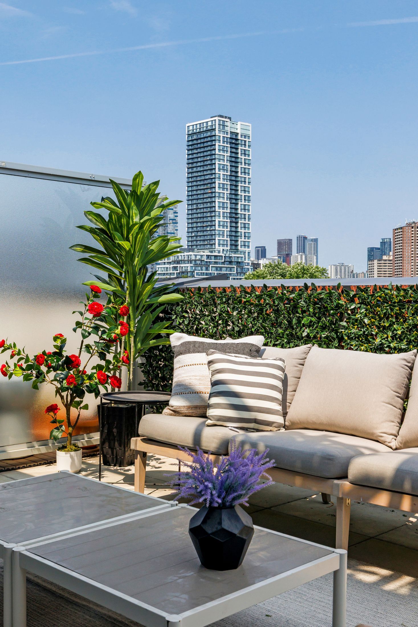 The finished outdoor seating with a city view